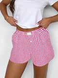 Shorts for Women Teen-girls Elastic Waistband Pull-on Red Blue Plaid Shorts Outfit Casual Lounge Summer Shorts