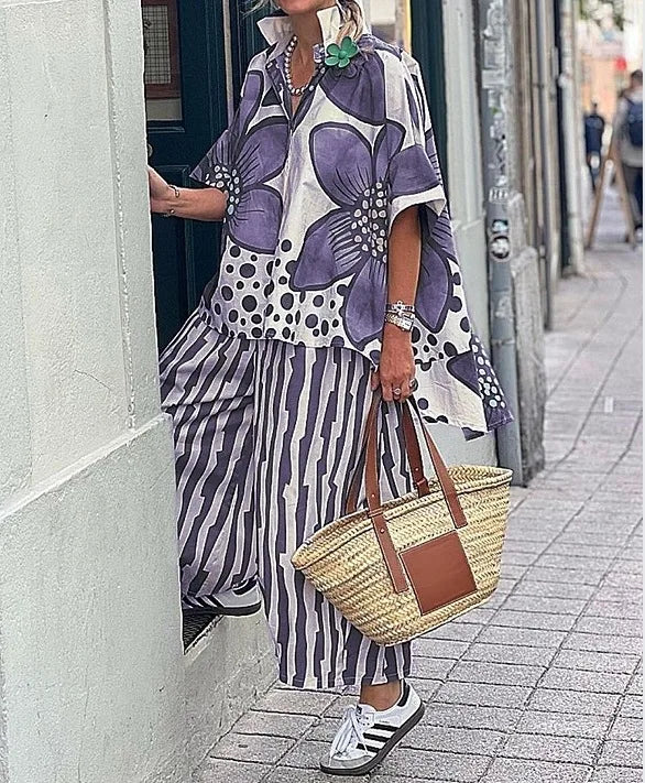 2 Piece Sets Women Summer Print Loungewear Long Pants Sets 2025 Vintage Short Sleeve Shirt Loose Pants Suits Matching Set Outfit