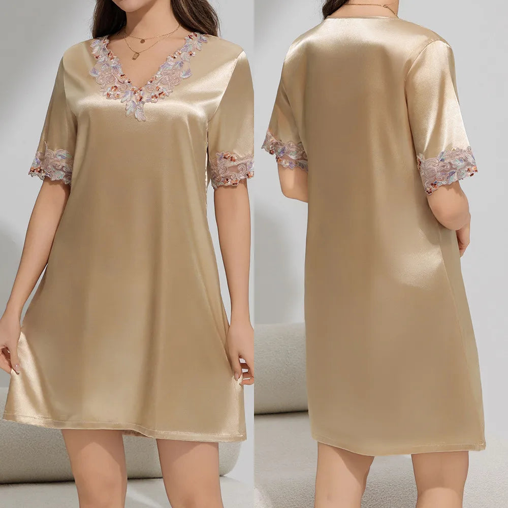 Women Nightdress Sexy Lace V-Neck Short Sleeve Nightgown Sexy Bathrobe Home Dress Loose Satin Loungewear