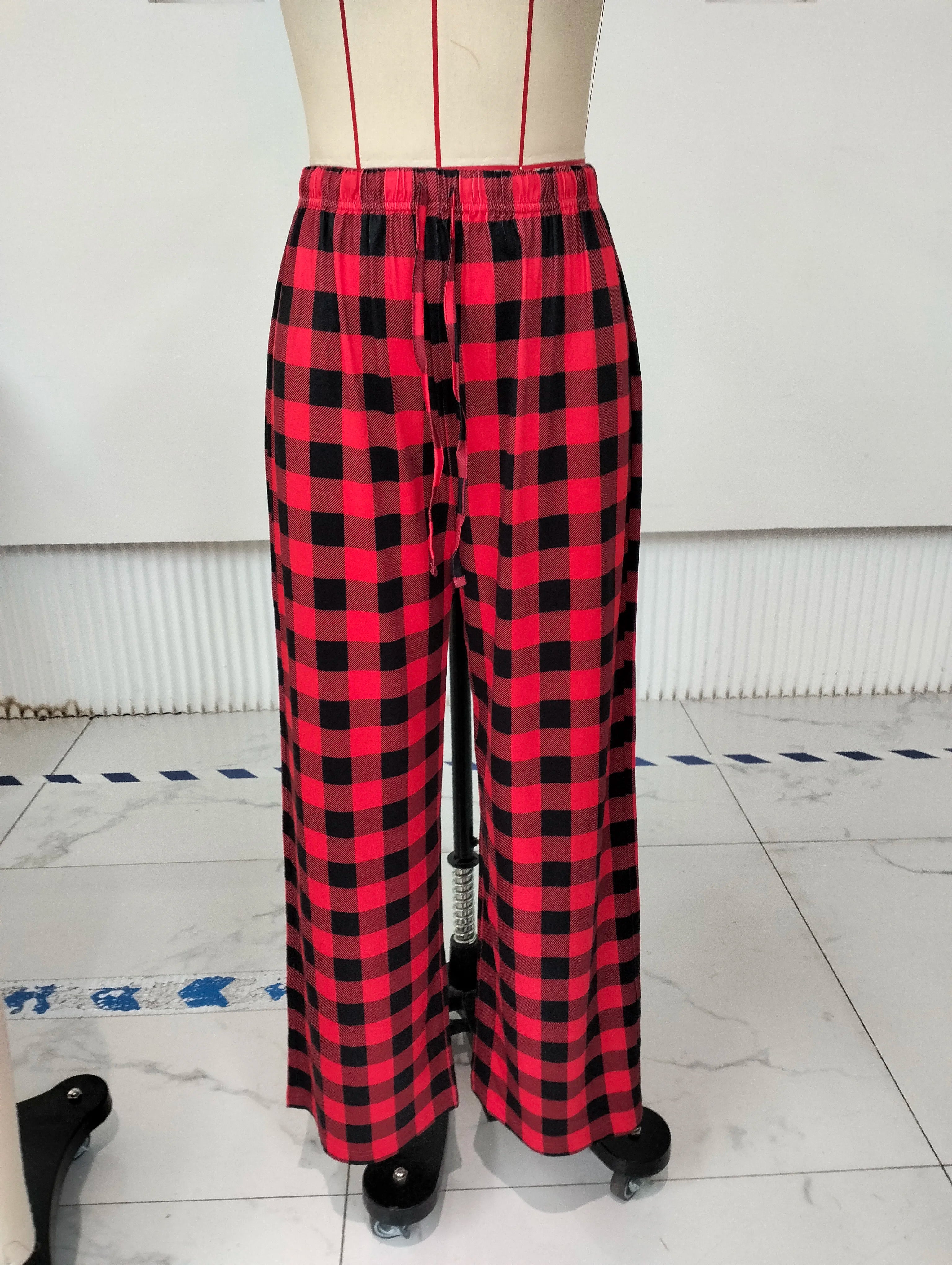 Women Red Plaid Pajama Bottoms with Pockets Drawstring Sleepwear Pants Loose Stretch Home Lounge Sleepwear Nightwear Trousers