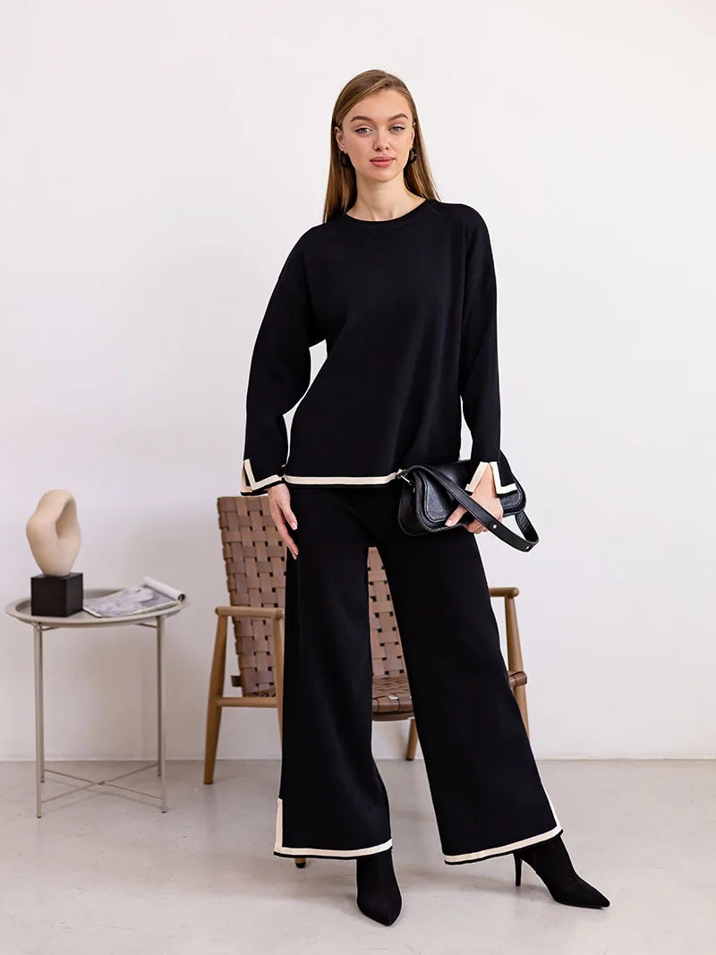 Elegant 2 Piece Loungewear Pajama Women Sets Casual Knitted Pant Sets Women Long Sleeve Knitted Two Piece Sets Women Winter 2024