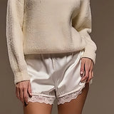 Women Cozy Satin Lounge Shorts Elastic Waist Lace Patchwork Loose Pajamas Shorts Sleepwear
