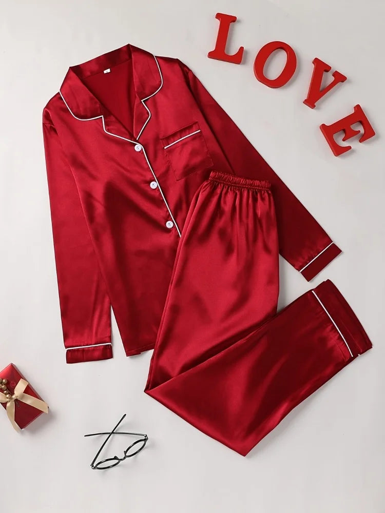 2Pcs Solid Pajama Set Lapel Long Sleeve Loose Trousers Comfortable Casual Home Wear Button Up Tops Sleepwear Loungewear