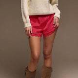 Women Cozy Satin Lounge Shorts Elastic Waist Lace Patchwork Loose Pajamas Shorts Sleepwear