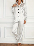 2Pcs Solid Pajama Set Lapel Long Sleeve Loose Trousers Comfortable Casual Home Wear Button Up Tops Sleepwear Loungewear
