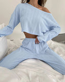Simple Style Trendy Lounge Set Solid Long-Sleeve Crop Tops And Long Pants Women's Fresh 2Pcs Home Suit Set Sleepwear Homewear