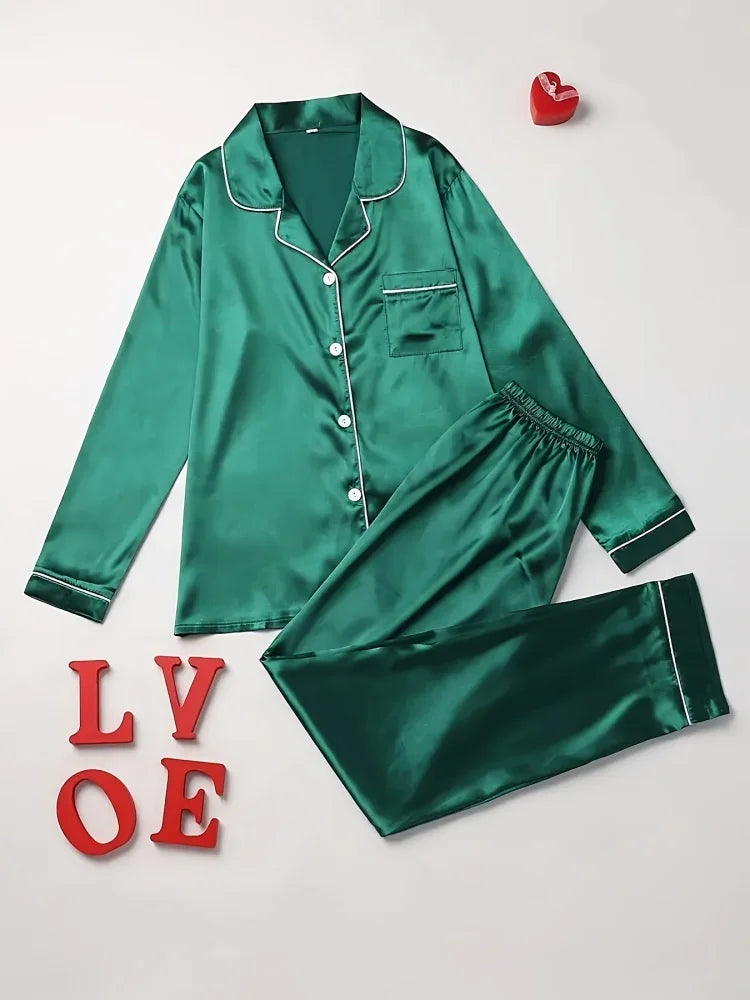 2Pcs Solid Pajama Set Lapel Long Sleeve Loose Trousers Comfortable Casual Home Wear Button Up Tops Sleepwear Loungewear