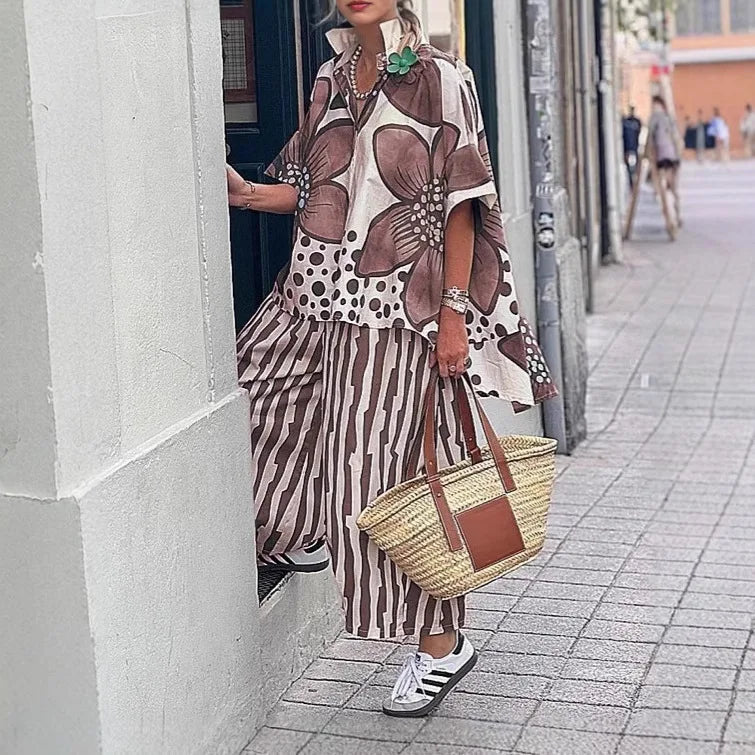2 Piece Sets Women Summer Print Loungewear Long Pants Sets 2025 Vintage Short Sleeve Shirt Loose Pants Suits Matching Set Outfit
