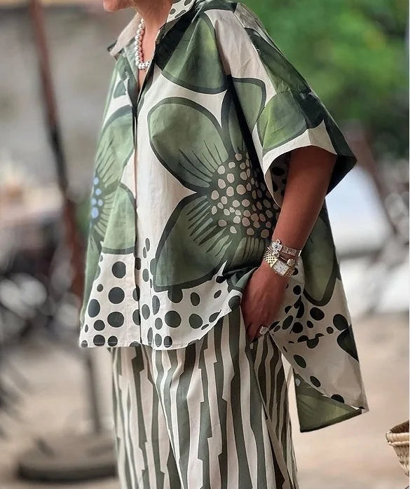 2 Piece Sets Women Summer Print Loungewear Long Pants Sets 2025 Vintage Short Sleeve Shirt Loose Pants Suits Matching Set Outfit