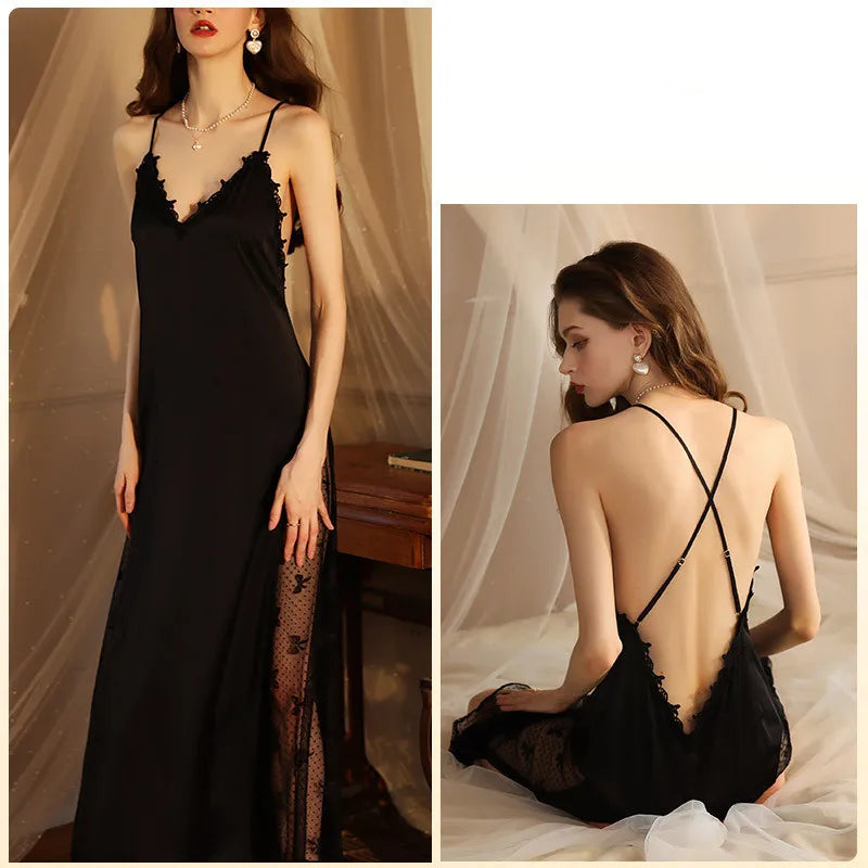 Night Gown For Women Nightie New Sexy Backless Long Nightdress Thin Silk Lace Summer Nightgowns Ladies Sleepwear Pajama Dress