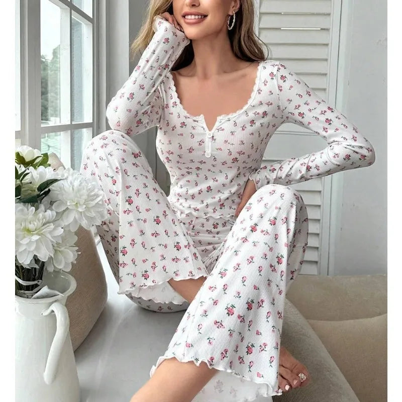 Night Wear Woman Sexy Lace Lace Trimmed Pajama Trousers Set Stylish Sexy Print Large Pajamas Two-Piece Set Night Lingeries Fancy