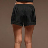 Women Cozy Satin Lounge Shorts Elastic Waist Lace Patchwork Loose Pajamas Shorts Sleepwear