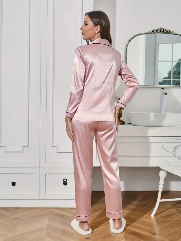 2Pcs Solid Pajama Set Lapel Long Sleeve Loose Trousers Comfortable Casual Home Wear Button Up Tops Sleepwear Loungewear