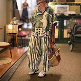2 Piece Sets Women Summer Print Loungewear Long Pants Sets 2025 Vintage Short Sleeve Shirt Loose Pants Suits Matching Set Outfit