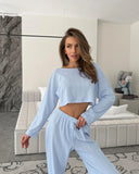 Simple Style Trendy Lounge Set Solid Long-Sleeve Crop Tops And Long Pants Women's Fresh 2Pcs Home Suit Set Sleepwear Homewear