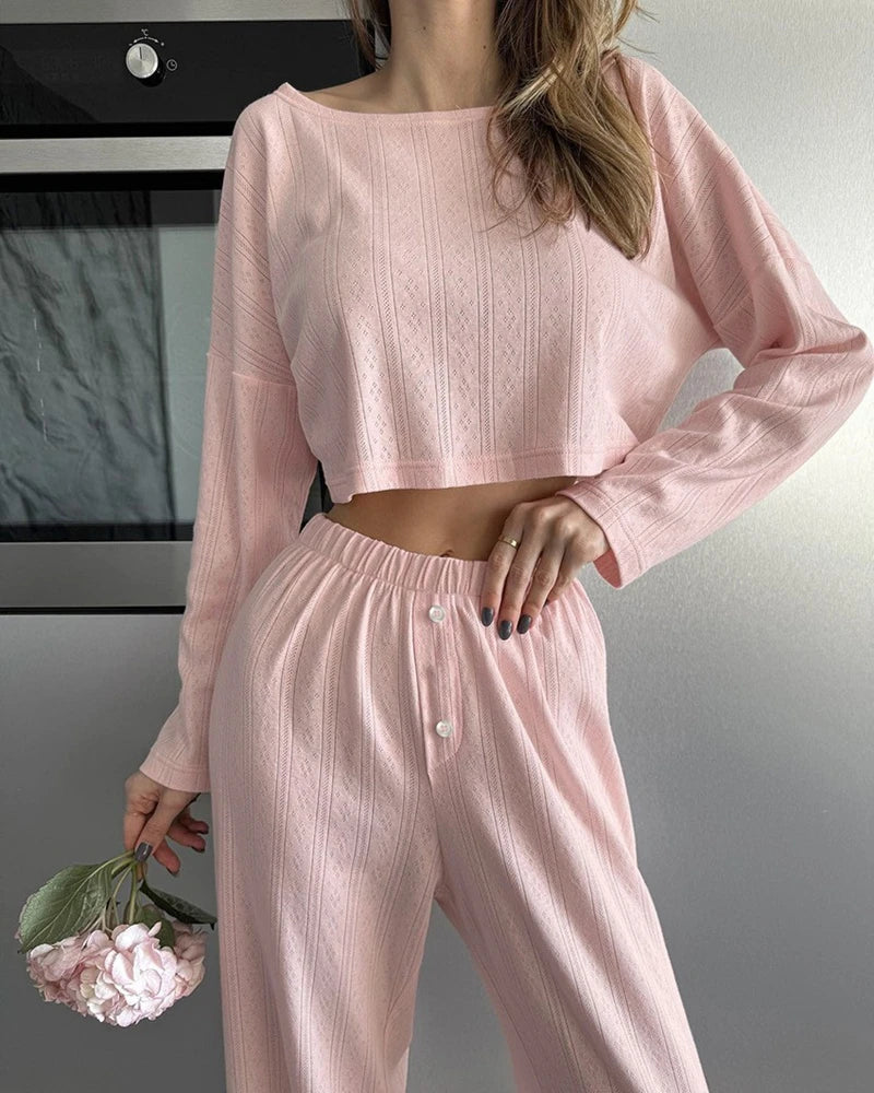 Simple Style Trendy Lounge Set Solid Long-Sleeve Crop Tops And Long Pants Women's Fresh 2Pcs Home Suit Set Sleepwear Homewear
