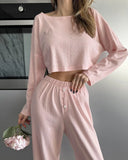 Simple Style Trendy Lounge Set Solid Long-Sleeve Crop Tops And Long Pants Women's Fresh 2Pcs Home Suit Set Sleepwear Homewear