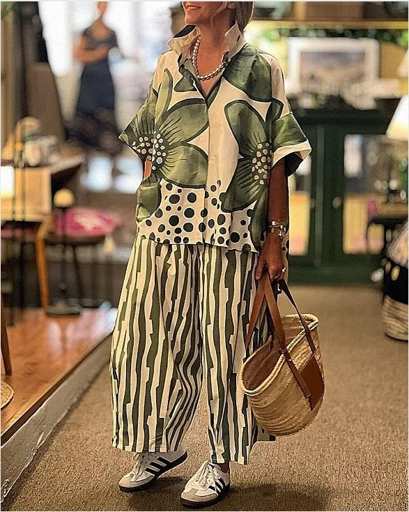 2 Piece Sets Women Summer Print Loungewear Long Pants Sets 2025 Vintage Short Sleeve Shirt Loose Pants Suits Matching Set Outfit