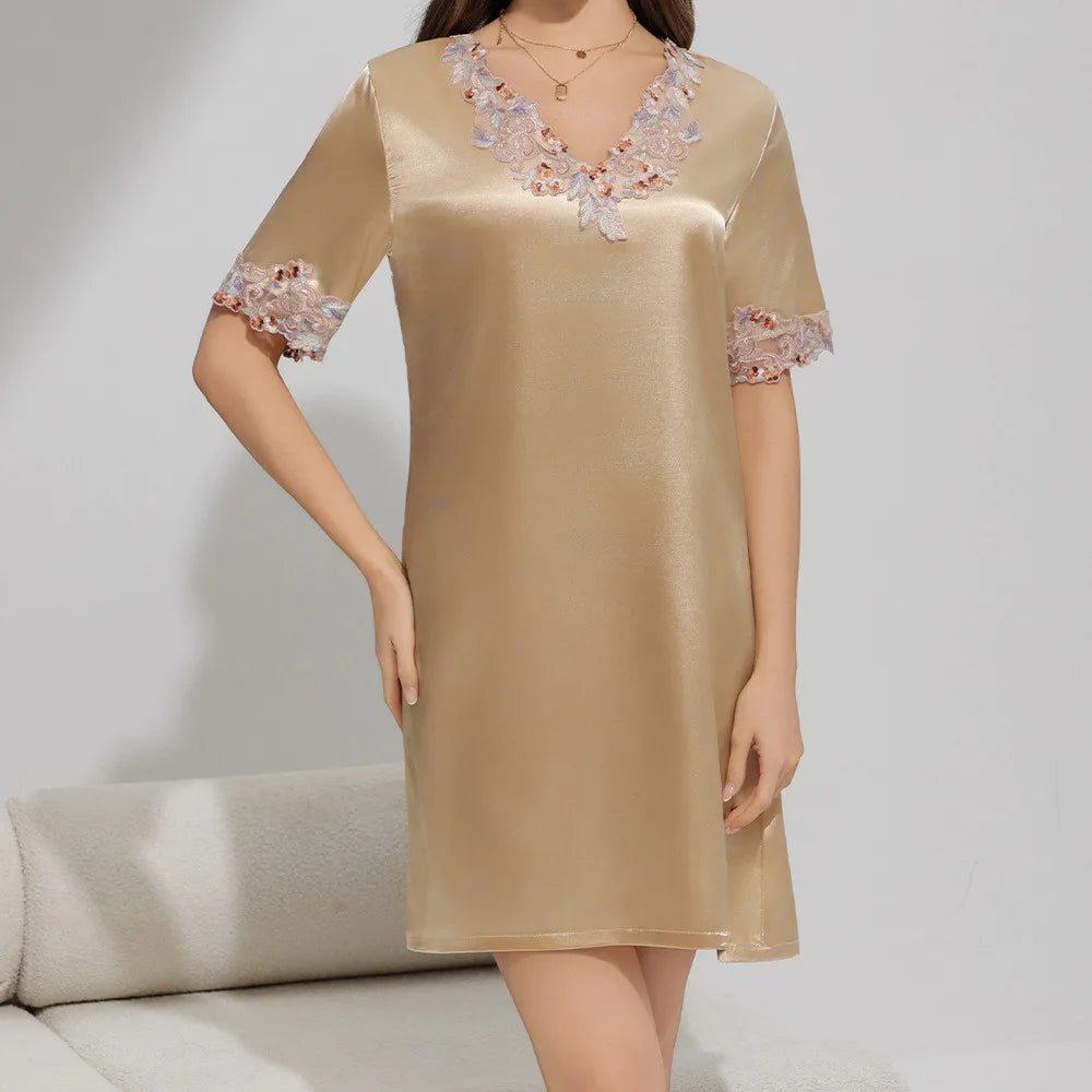 Women Nightdress Sexy Lace V-Neck Short Sleeve Nightgown Sexy Bathrobe Home Dress Loose Satin Loungewear