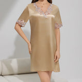 Women Nightdress Sexy Lace V-Neck Short Sleeve Nightgown Sexy Bathrobe Home Dress Loose Satin Loungewear