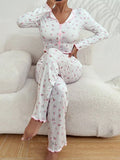 2PCS Loungewear Sleepwear Womens Lace Floral Printed Tops Pants Sets Nightwear Pajamas Lingeries Robes