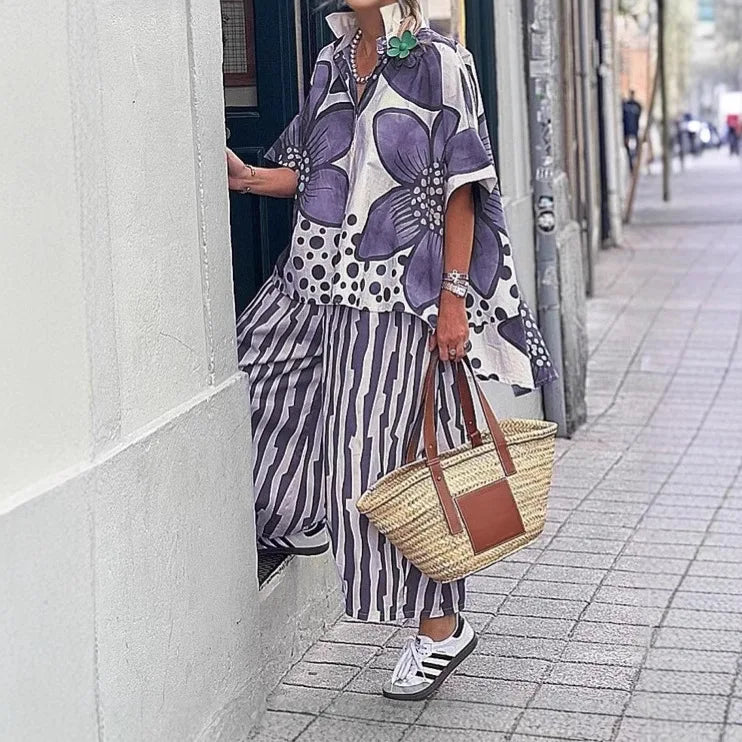 2 Piece Sets Women Summer Print Loungewear Long Pants Sets 2025 Vintage Short Sleeve Shirt Loose Pants Suits Matching Set Outfit