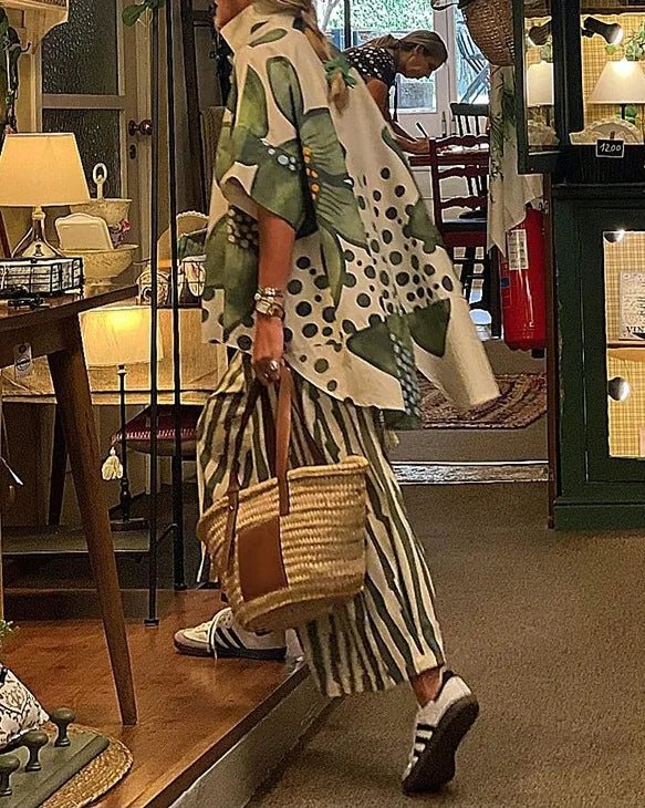 2 Piece Sets Women Summer Print Loungewear Long Pants Sets 2025 Vintage Short Sleeve Shirt Loose Pants Suits Matching Set Outfit