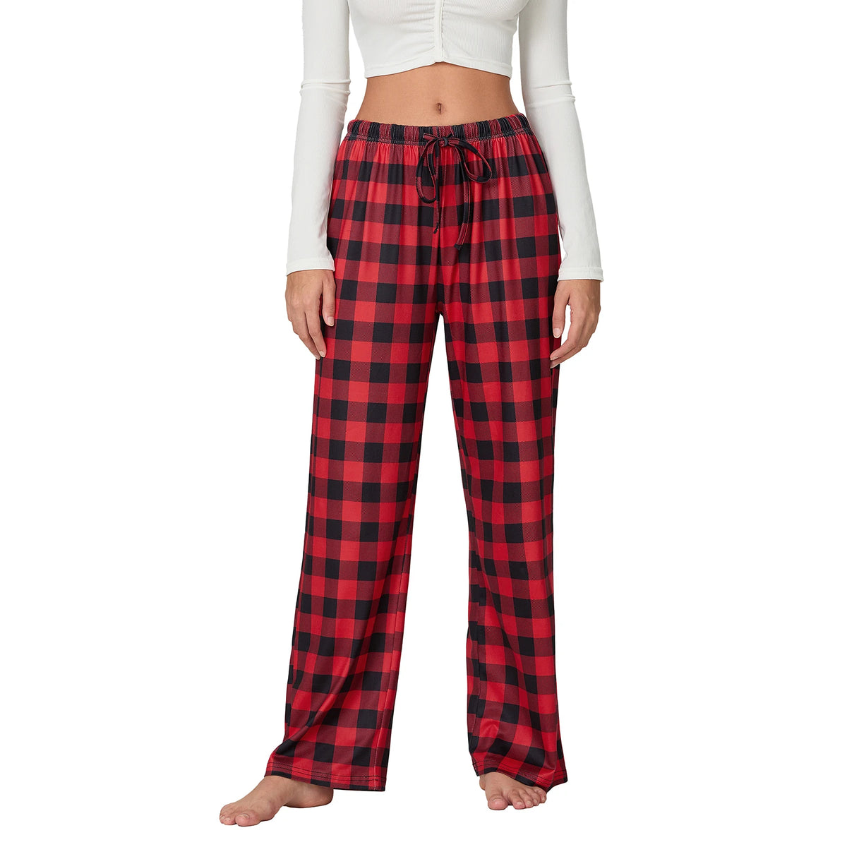 Women Red Plaid Pajama Bottoms with Pockets Drawstring Sleepwear Pants Loose Stretch Home Lounge Sleepwear Nightwear Trousers