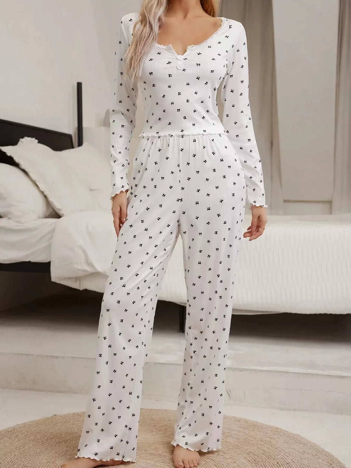 Night Wear Woman Sexy Lace Lace Trimmed Pajama Trousers Set Stylish Sexy Print Large Pajamas Two-Piece Set Night Lingeries Fancy