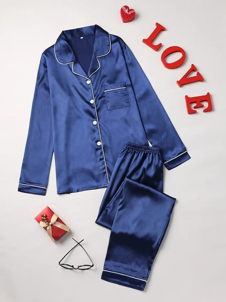 2Pcs Solid Pajama Set Lapel Long Sleeve Loose Trousers Comfortable Casual Home Wear Button Up Tops Sleepwear Loungewear