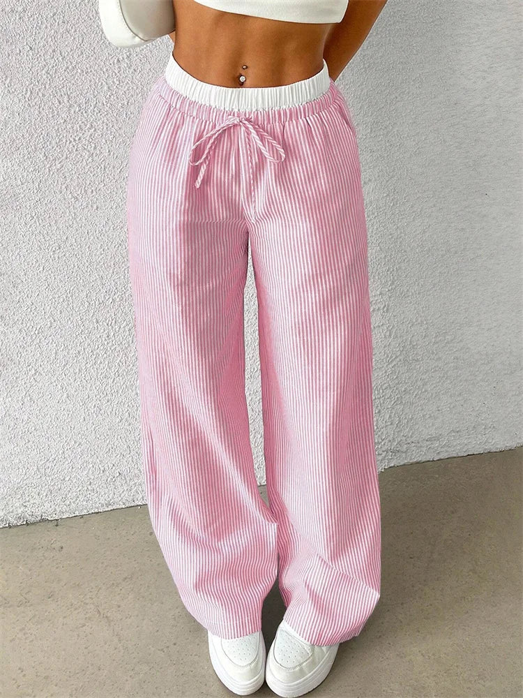 Women's Casual Striped Woven Wide Leg Pants Fall Winter 2025 Casual Stylish Full Length Trousers Y2K Clothes Streetwear