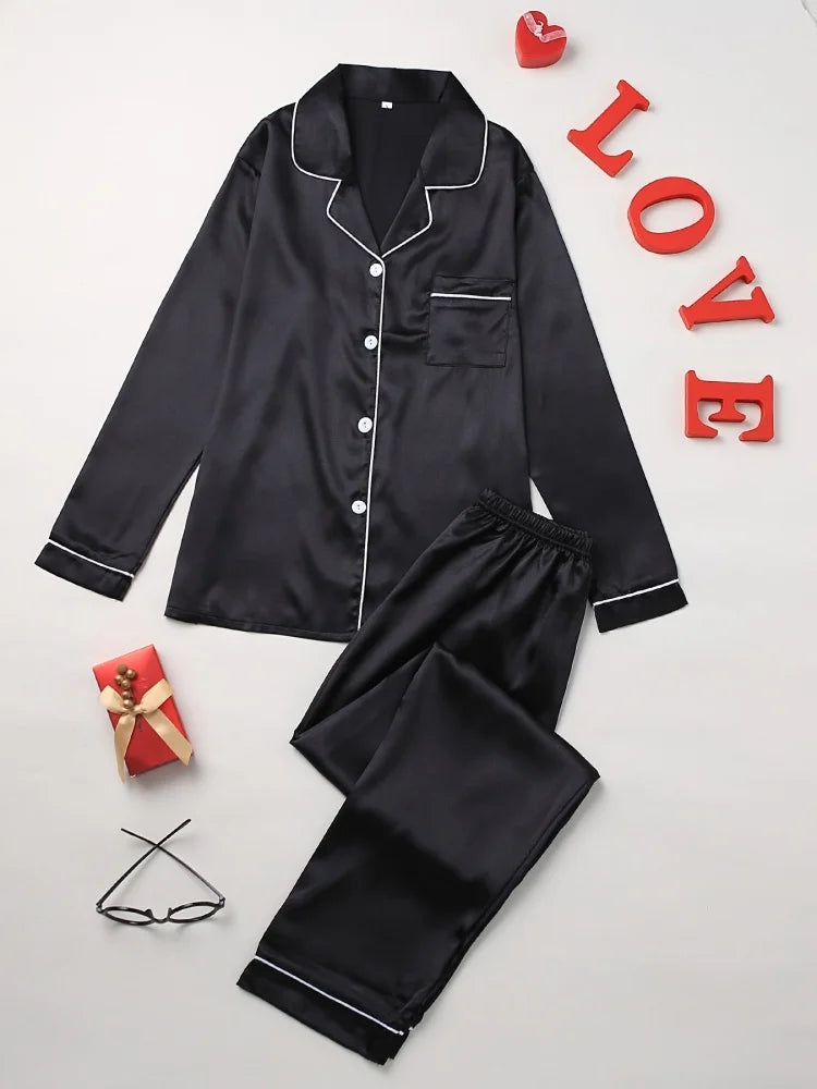 2Pcs Solid Pajama Set Lapel Long Sleeve Loose Trousers Comfortable Casual Home Wear Button Up Tops Sleepwear Loungewear