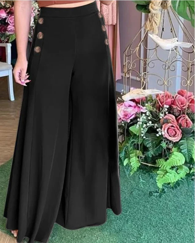 Women Pants Spring 2024 New Elegant Fashion Versatile New Female's Button Elastic High Waist Wide Leg Trousers Streetwear
