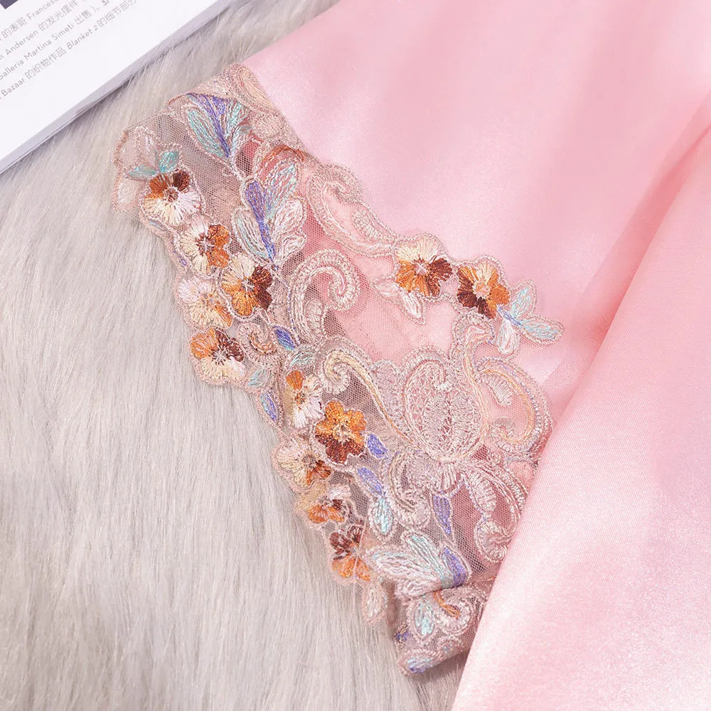 Women Nightdress Sexy Lace V-Neck Short Sleeve Nightgown Sexy Bathrobe Home Dress Loose Satin Loungewear