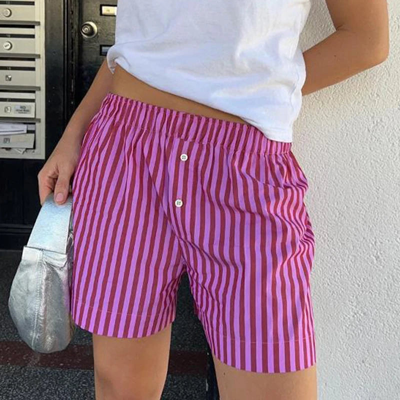 Chic Women Loose Fit Shorts 90s Vintage Striped High Waist Lounge Trousers Y2K Streetwear Summer Pajamas Bottoms Boyshorts