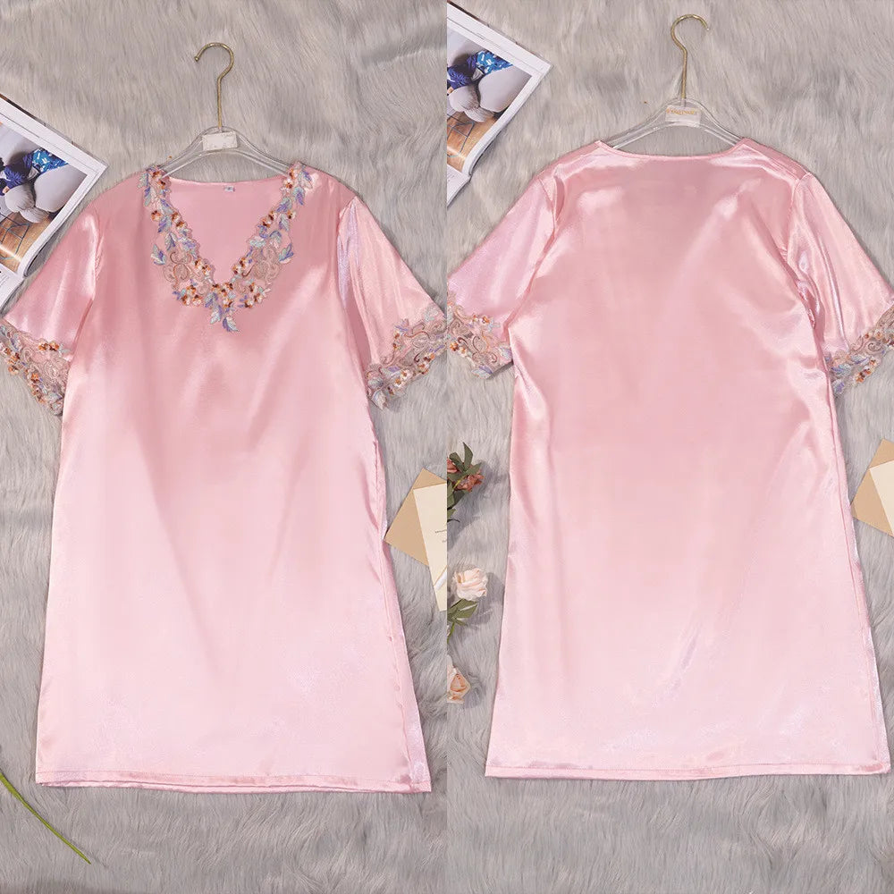 Women Nightdress Sexy Lace V-Neck Short Sleeve Nightgown Sexy Bathrobe Home Dress Loose Satin Loungewear