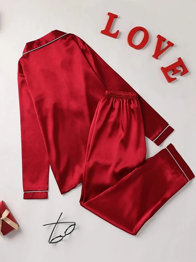 2Pcs Solid Pajama Set Lapel Long Sleeve Loose Trousers Comfortable Casual Home Wear Button Up Tops Sleepwear Loungewear