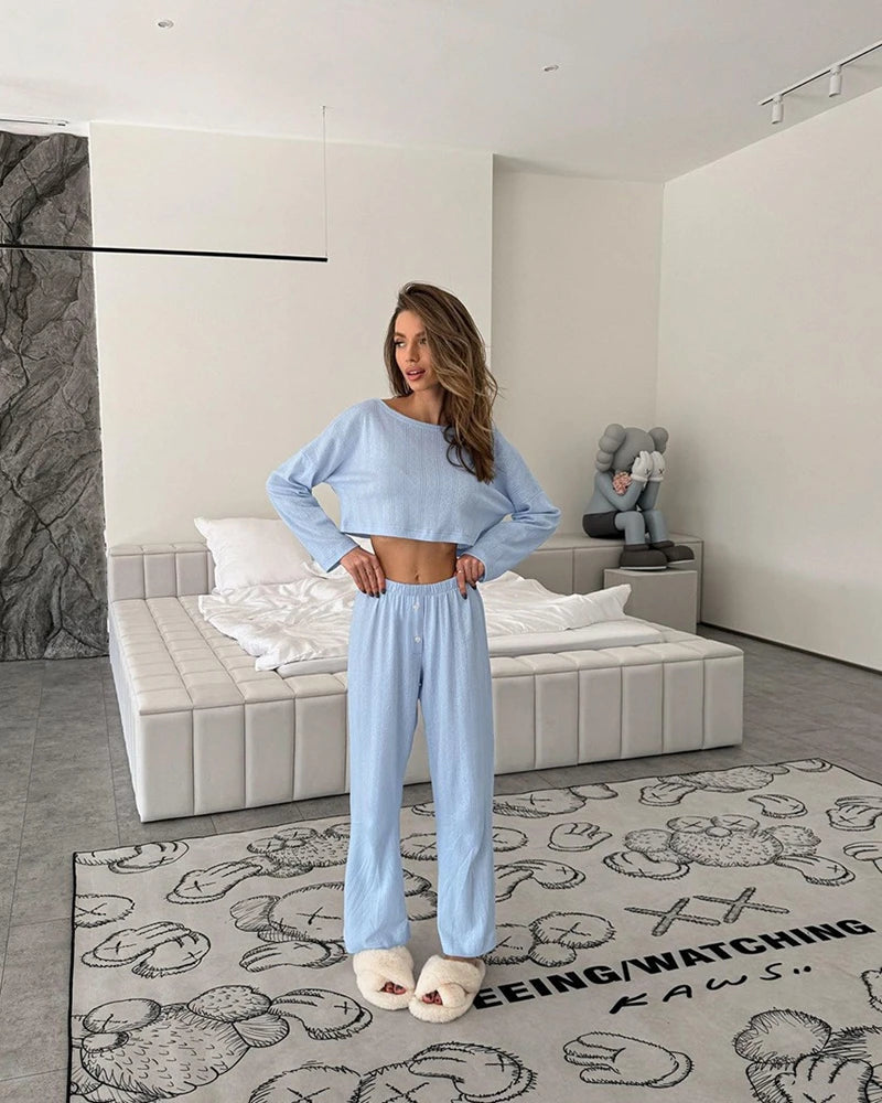 Simple Style Trendy Lounge Set Solid Long-Sleeve Crop Tops And Long Pants Women's Fresh 2Pcs Home Suit Set Sleepwear Homewear