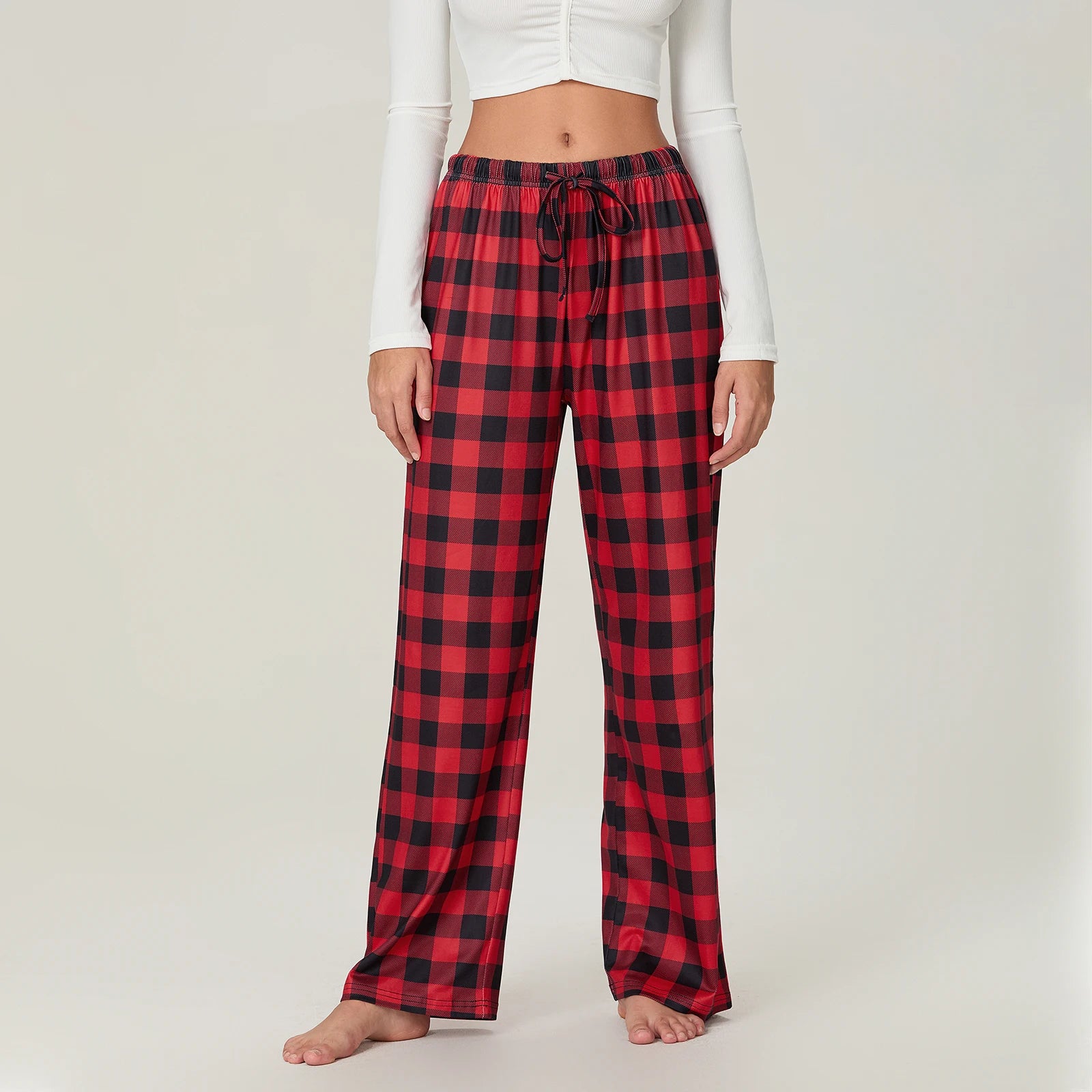 Women Red Plaid Pajama Bottoms with Pockets Drawstring Sleepwear Pants Loose Stretch Home Lounge Sleepwear Nightwear Trousers