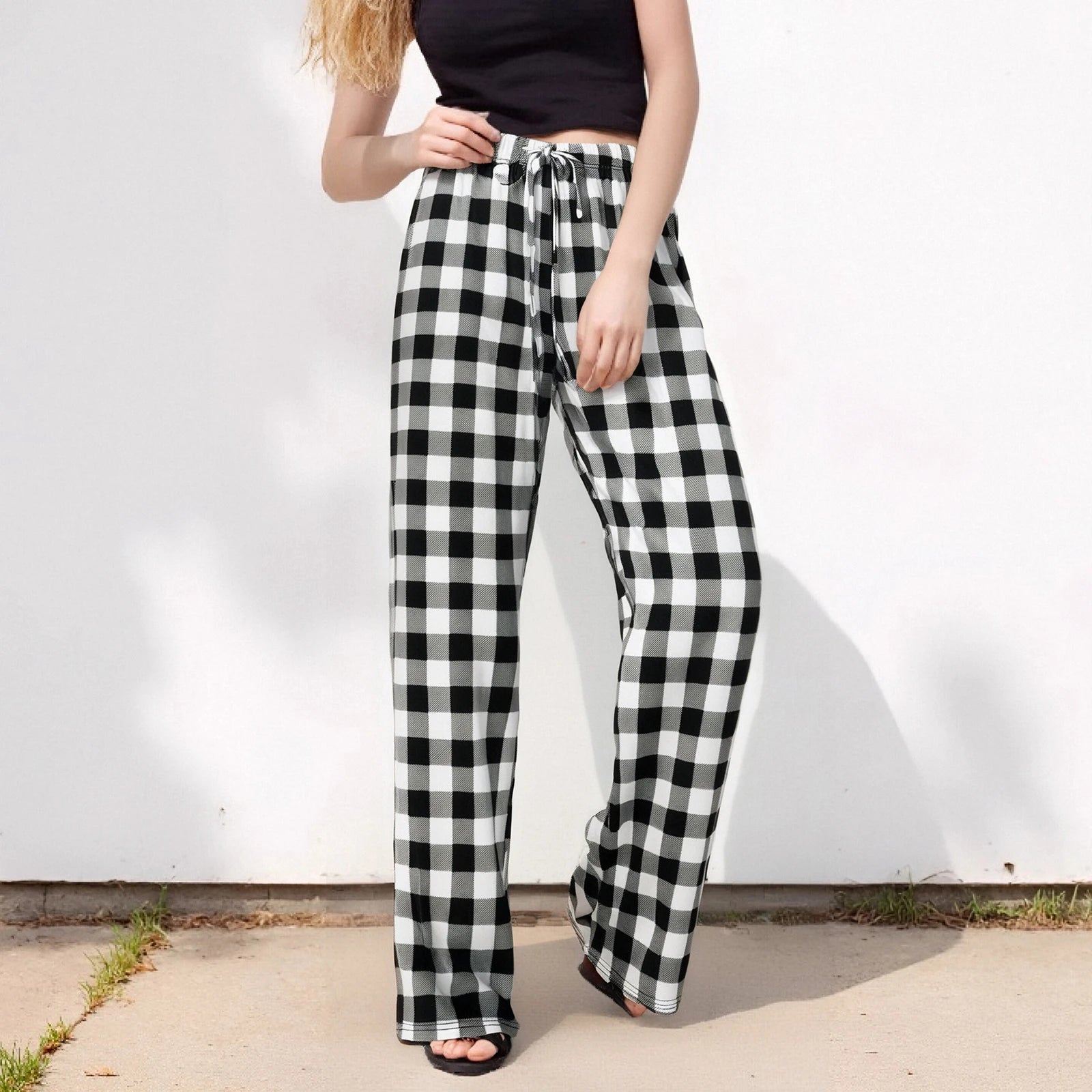 Women Red Plaid Pajama Bottoms with Pockets Drawstring Sleepwear Pants Loose Stretch Home Lounge Sleepwear Nightwear Trousers