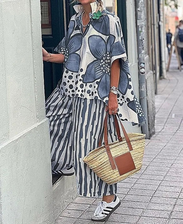 2 Piece Sets Women Summer Print Loungewear Long Pants Sets 2025 Vintage Short Sleeve Shirt Loose Pants Suits Matching Set Outfit