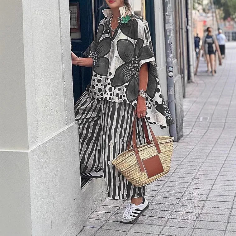 2 Piece Sets Women Summer Print Loungewear Long Pants Sets 2025 Vintage Short Sleeve Shirt Loose Pants Suits Matching Set Outfit