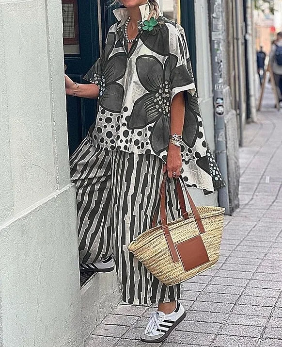 2 Piece Sets Women Summer Print Loungewear Long Pants Sets 2025 Vintage Short Sleeve Shirt Loose Pants Suits Matching Set Outfit