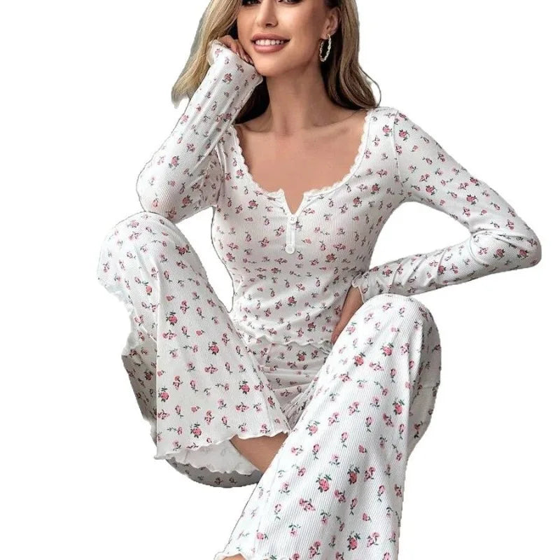 Night Wear Woman Sexy Lace Lace Trimmed Pajama Trousers Set Stylish Sexy Print Large Pajamas Two-Piece Set Night Lingeries Fancy