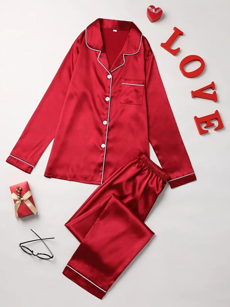 2Pcs Solid Pajama Set Lapel Long Sleeve Loose Trousers Comfortable Casual Home Wear Button Up Tops Sleepwear Loungewear