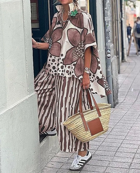 2 Piece Sets Women Summer Print Loungewear Long Pants Sets 2025 Vintage Short Sleeve Shirt Loose Pants Suits Matching Set Outfit