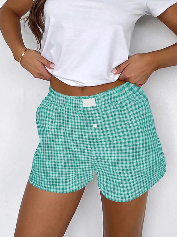 Shorts for Women Teen-girls Elastic Waistband Pull-on Red Blue Plaid Shorts Outfit Casual Lounge Summer Shorts